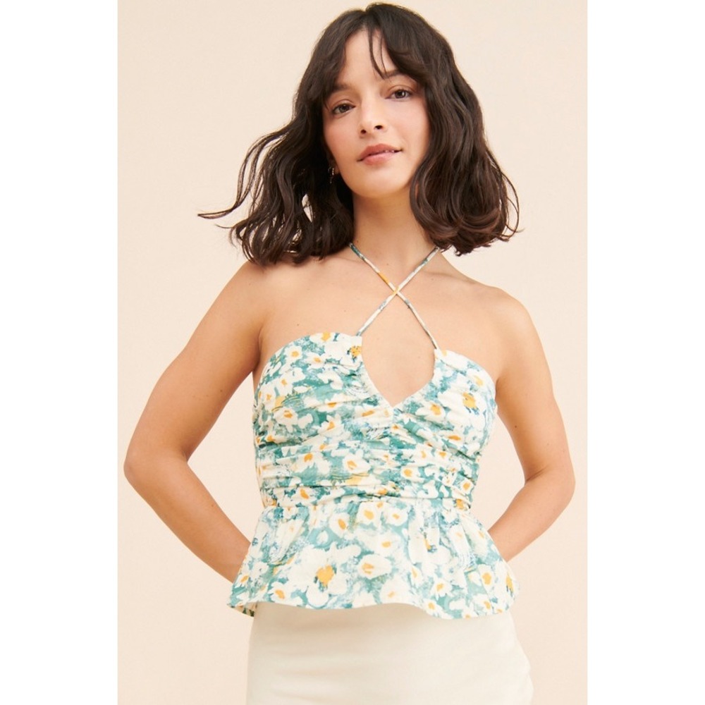 Bishop + Young‎ Aeries Halter Top Teal Floral Peplum Smocked Ruched Size Large
